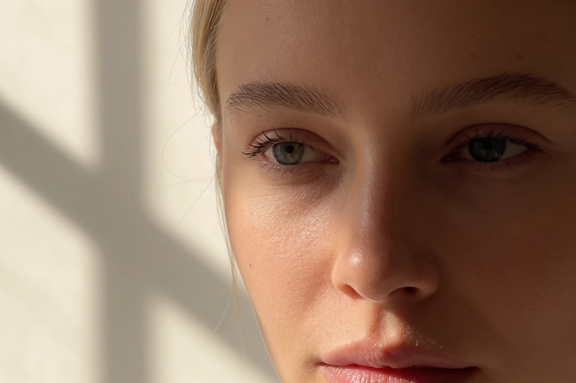 Close view of a jawline and cheek with a few small bumps in soft light, acne mechanica