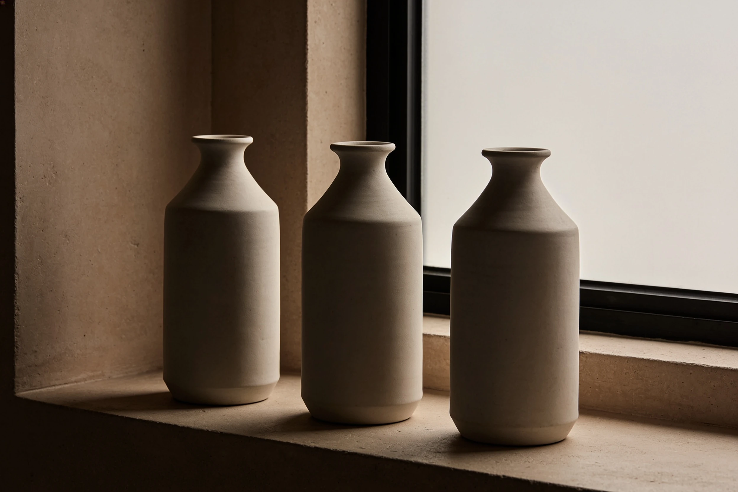 Three plain ceramic vessels arranged on a concrete windowsill in soft light