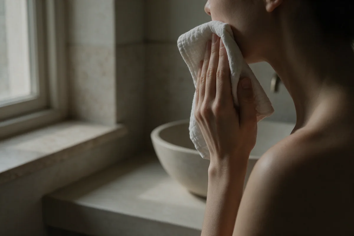 a lightly textured cotton face towel on a bone-colored stone surface