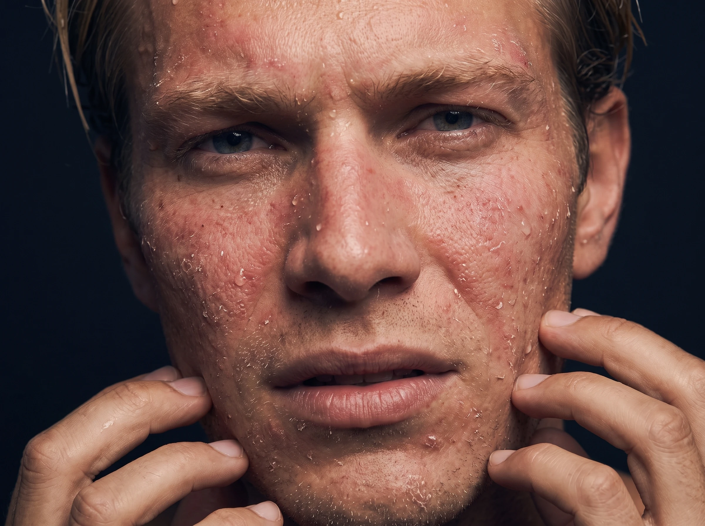 Close-up of dry, flaking, irritated skin on a man's face