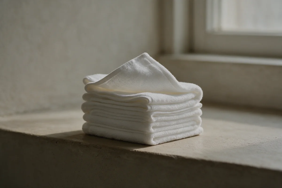a single disposable cotton face towel on a bone-colored stone surface