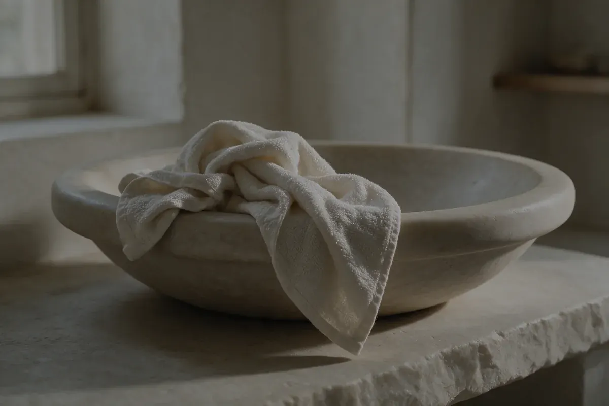a single clean cotton face towel folded on a stone surface in soft daylight