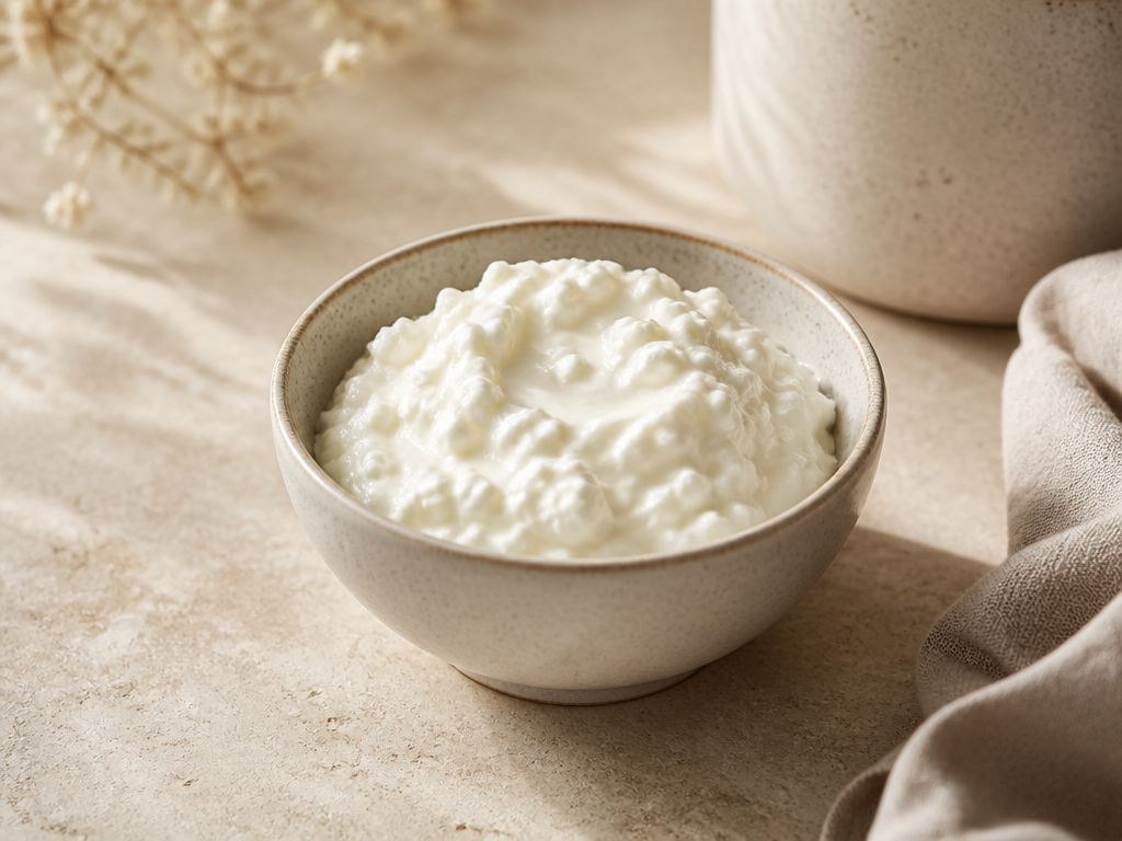 A ceramic bowl of fresh cottage cheese on a beige stone kitchen counter, warm morning light, aesthetic food diary style