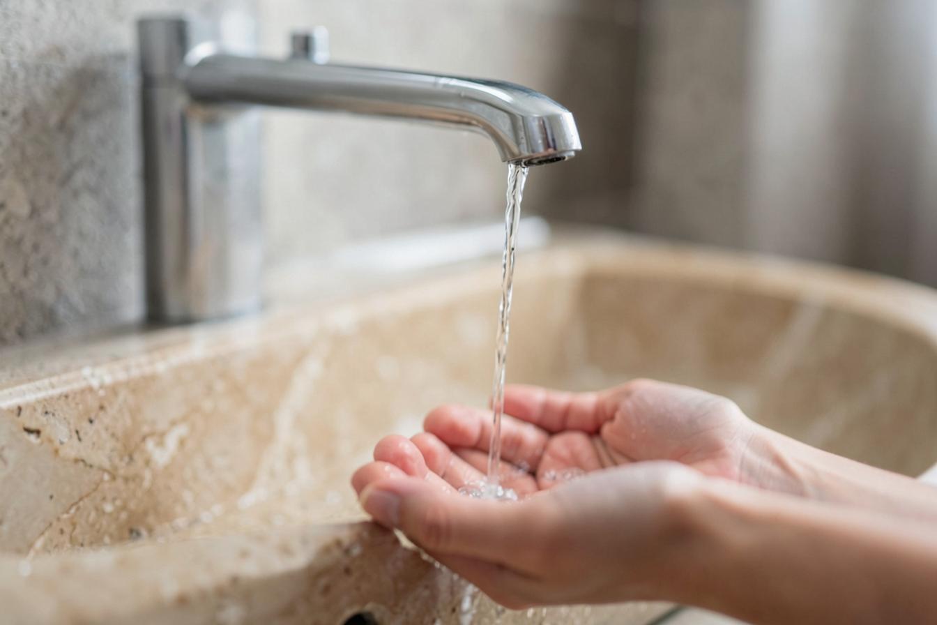 Close-up of water streaming from a modern faucet into cupped hands over a warm beige stone basin