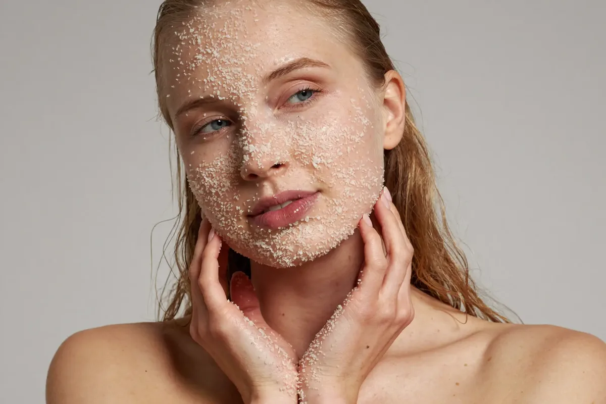 Woman with exfoliating grains on her face and hands, how often should you exfoliate your face