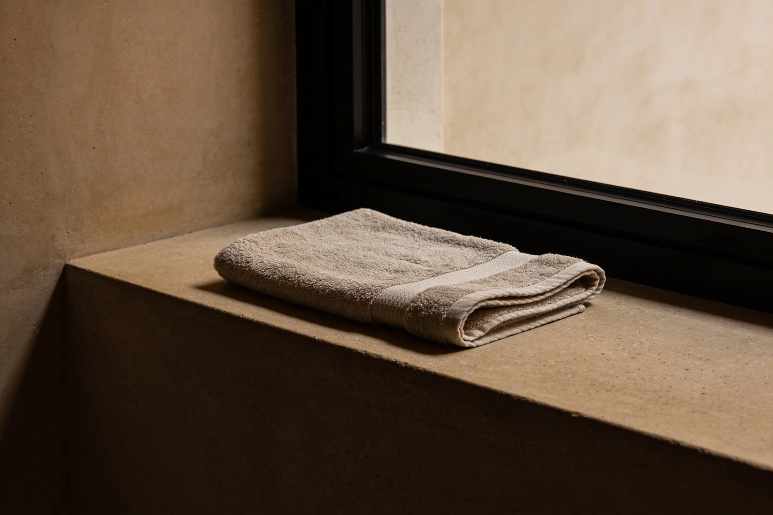 A folded cotton towel resting on a concrete windowsill