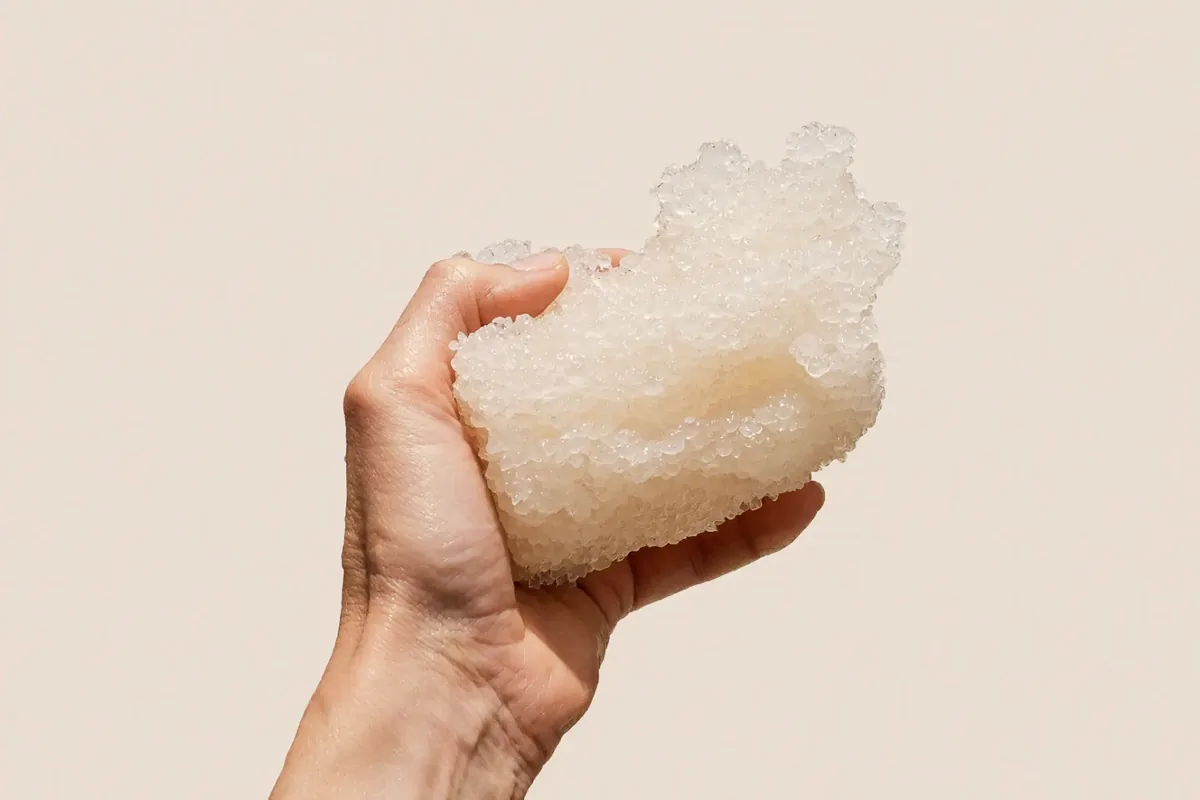 A hand holding a chunk of ice against a soft beige background, cooling calm over-exfoliated skin