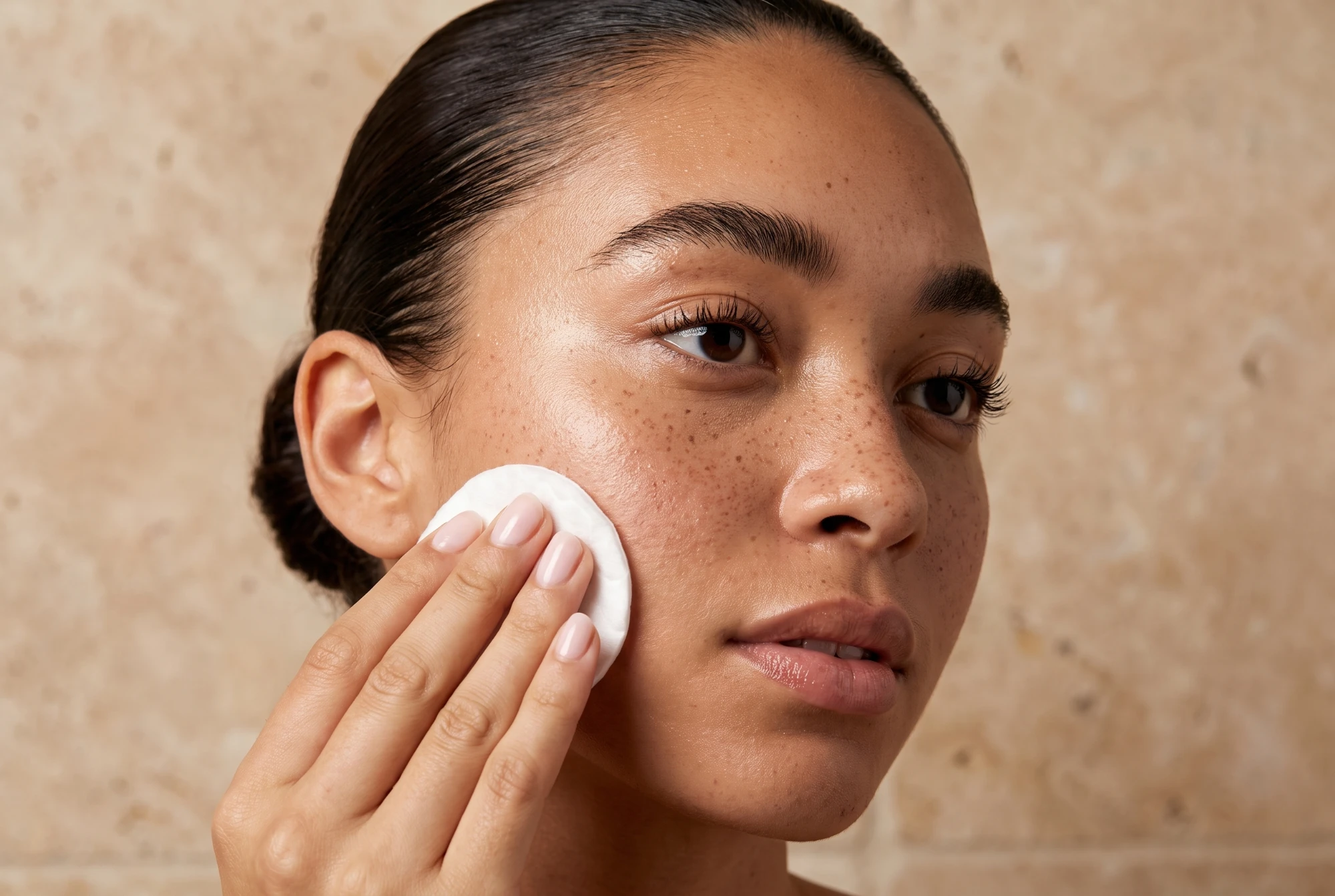 A woman gently holding a single-use thin cotton makeup remover towel against her cheek, warm beige stone tones, soft natural light, minimalist skincare photography