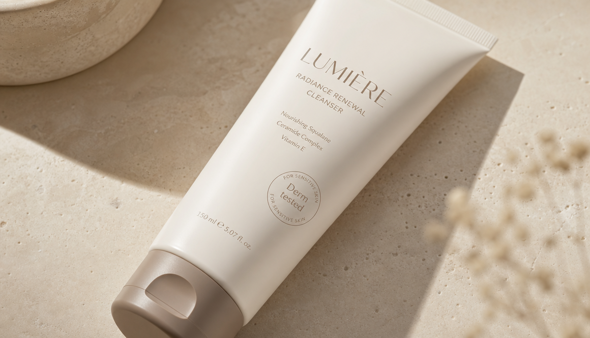 A premium skincare tube on a clean beige stone surface with a Derm tested circular badge, soft natural light